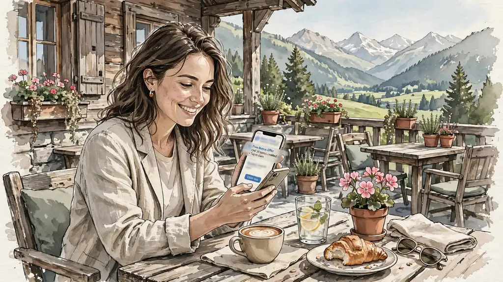 Junge Frau im Café mit Smartphone und Alpenblick