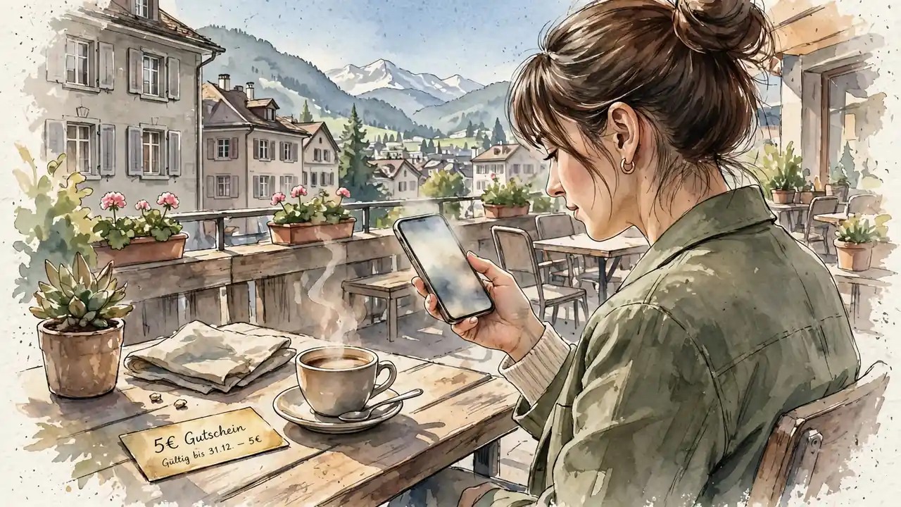 Junge Frau mit Smartphone und 5€ Gutschein in Schweizer Café