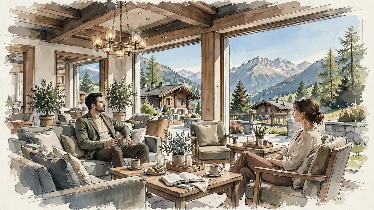 Gemütlicher Casinobereich mit Alpenblick und natürlichem Tageslicht