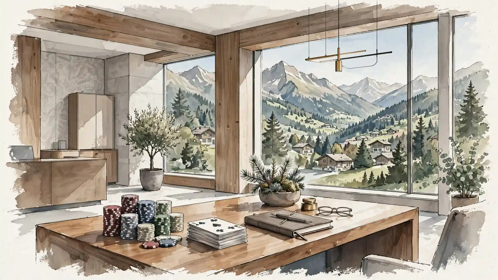 Modernes Schweizer Bankinterieur mit Chips, Karten und Alpen im Hintergrund