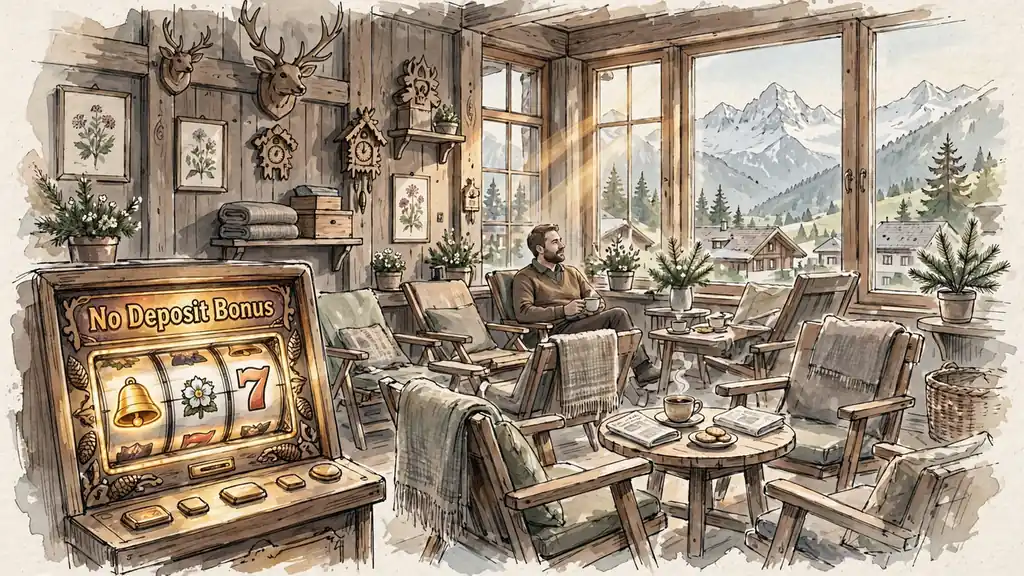 Schweizer Casino-Lounge mit Holz, Alpinen Dekorationen und leuchtendem Slot‑Maschine‑Anzeige