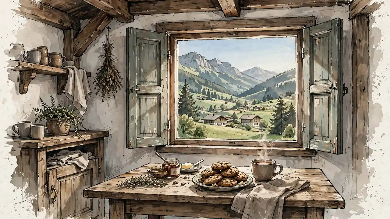 Ein Schweizer Kücheninterieur mit Keksen und einer Tasse Kaffee im Morgenlicht.
