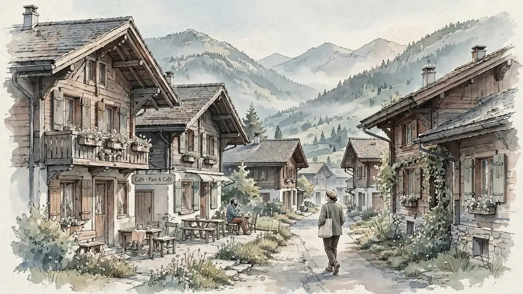 Alpines Dorfstraße bei Morgenlicht mit traditionellen Häusern.