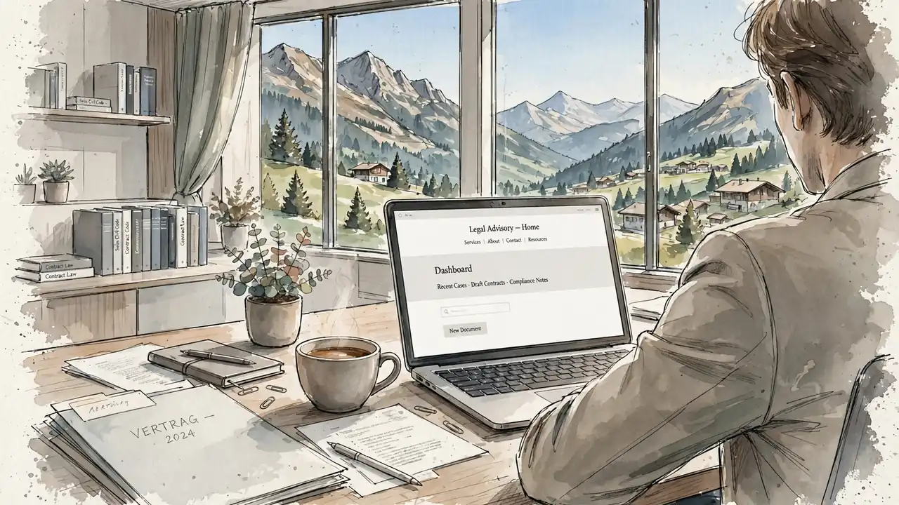 Modernes Schweizer Büro mit Laptop und Alpenblick im Tageslicht