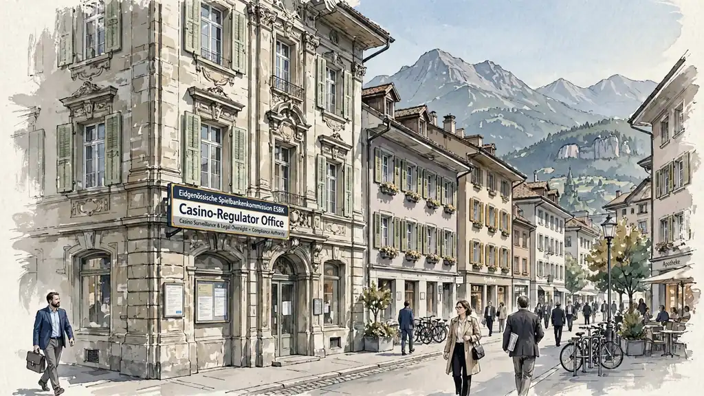 Schweizer Straße mit Casino‑Regulierungsbüro im Hintergrund
