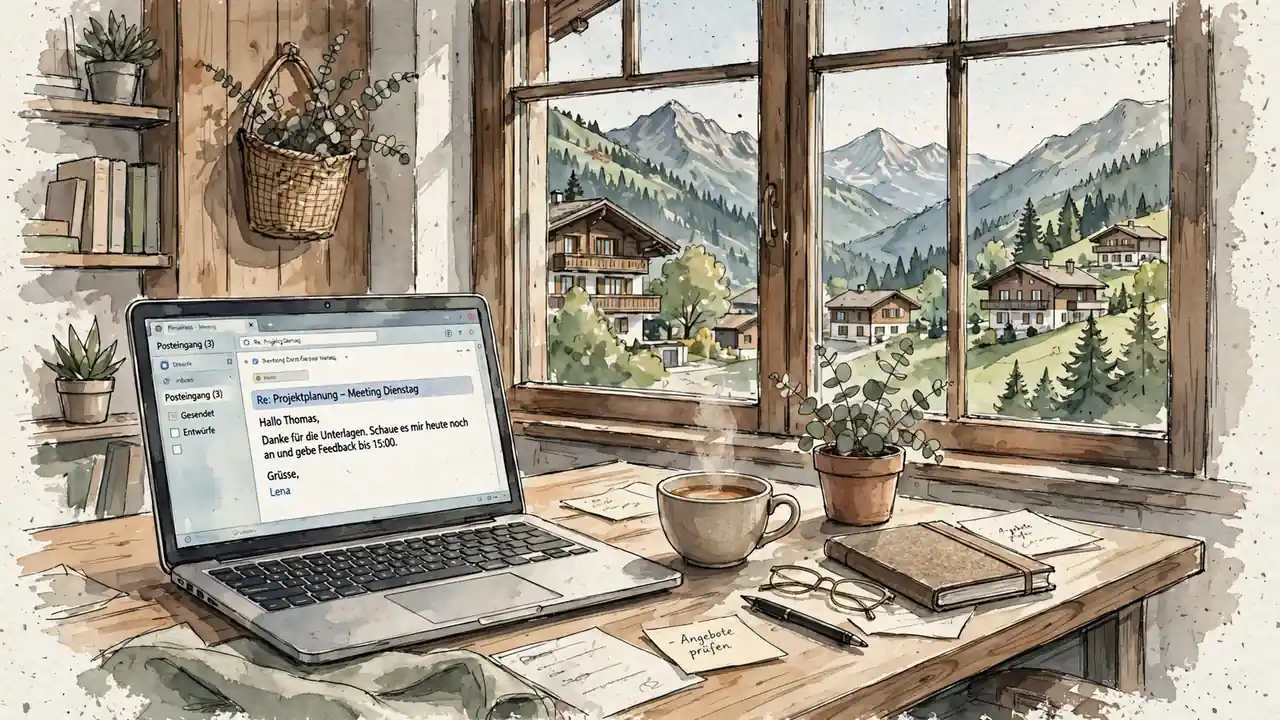 Schweizer Büro mit Laptop, Kaffee und Alpenblick bei Tageslicht