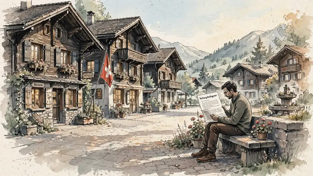 Alpines Dorfplatz mit Schweizer Flagge und Dokument