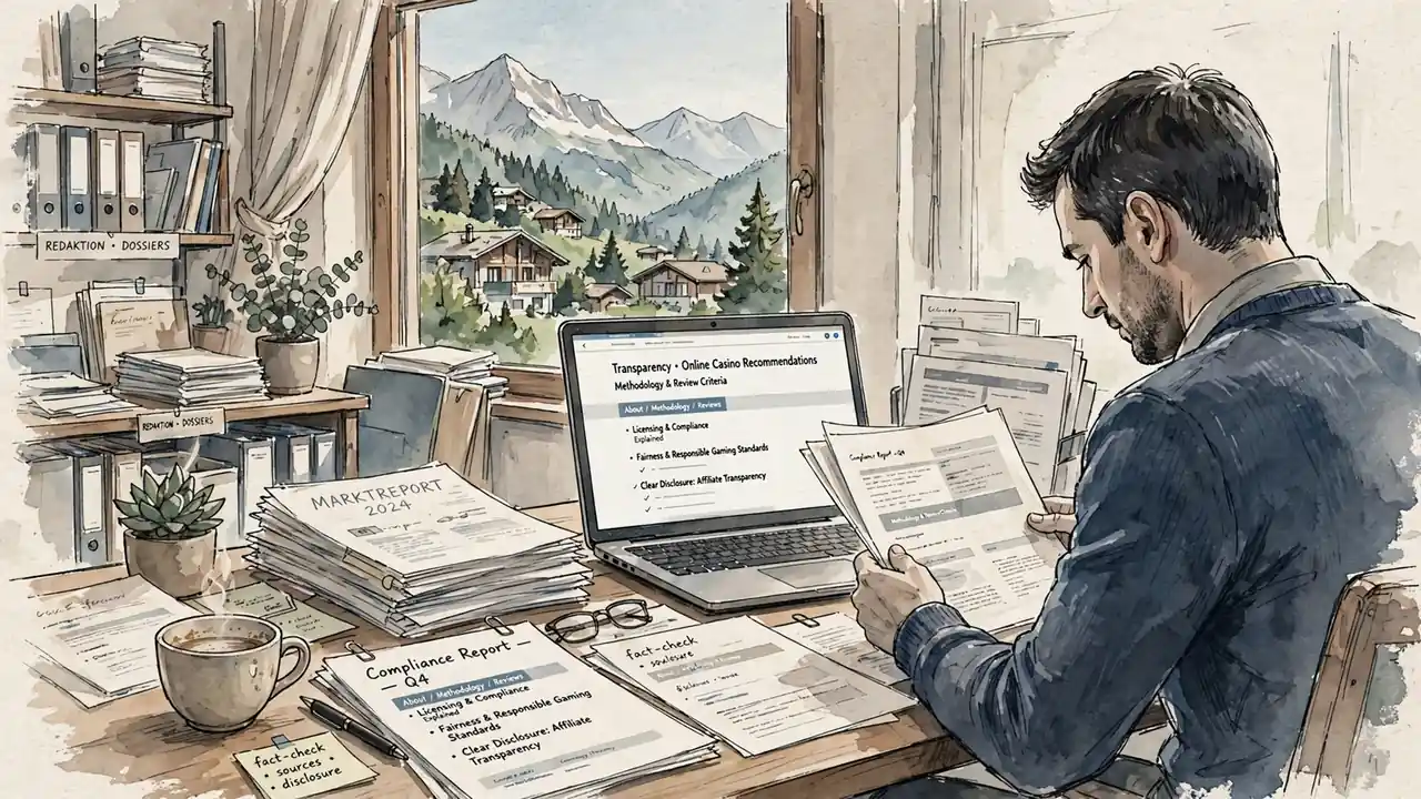 Schweizer Redaktionsbüro mit Laptop, Papieren und Blick auf Alpen bei Tageslicht