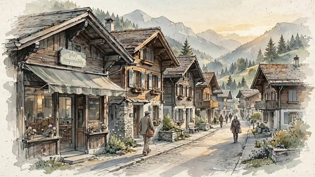 Schweizer Dorfstraße bei Sonnenaufgang mit verantwortungsbewusstem Spielzeichen.